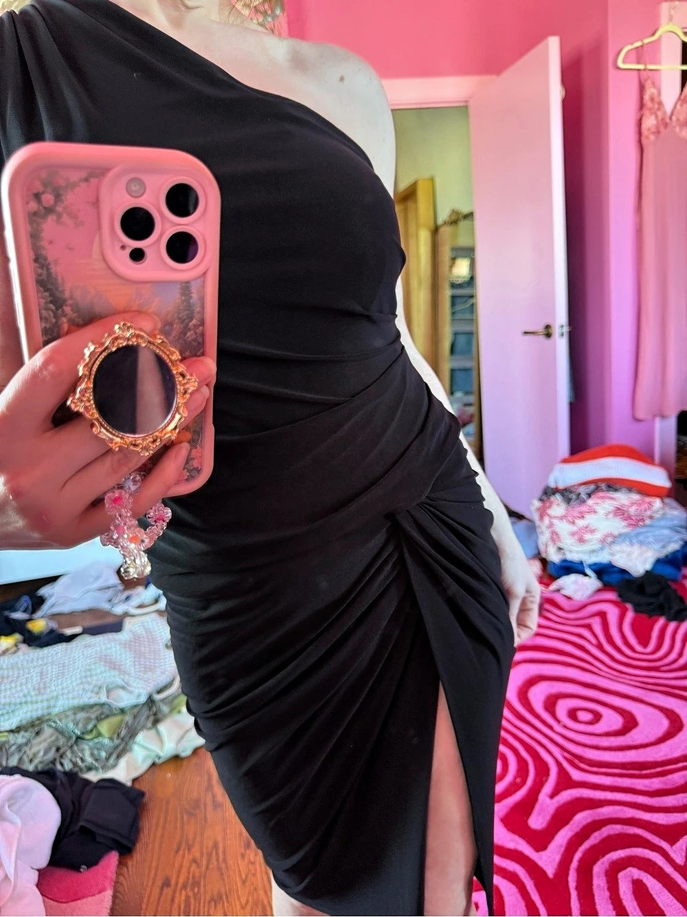 House of CB Black One Shoulder Ruched Midi Dress M